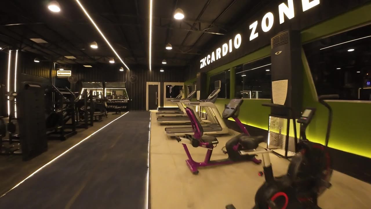 The cardio zone at Gym Double X: treadmills and bikes along a lime-green feature wall.