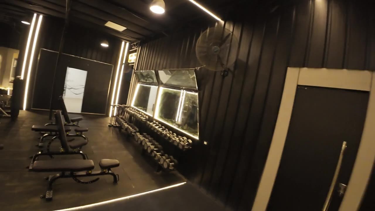 The free style area: a full dumbbell rack with flat and incline benches.