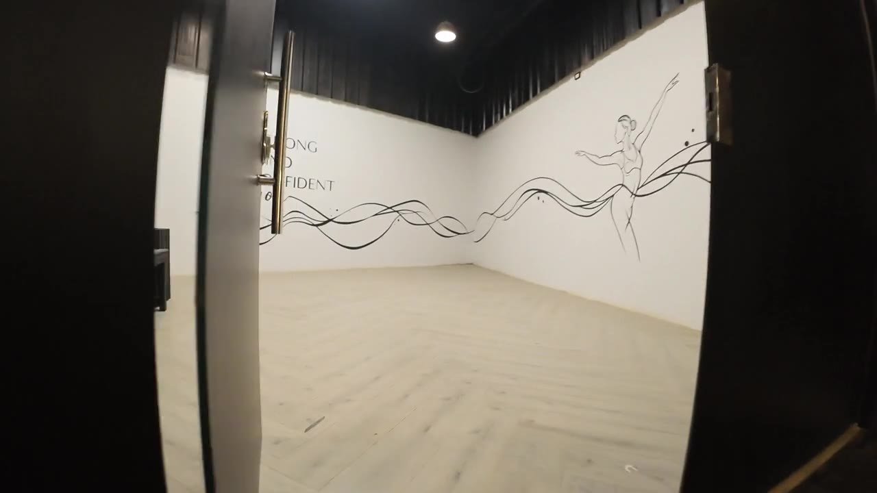 The private studio, a bright open room with a line-art mural.